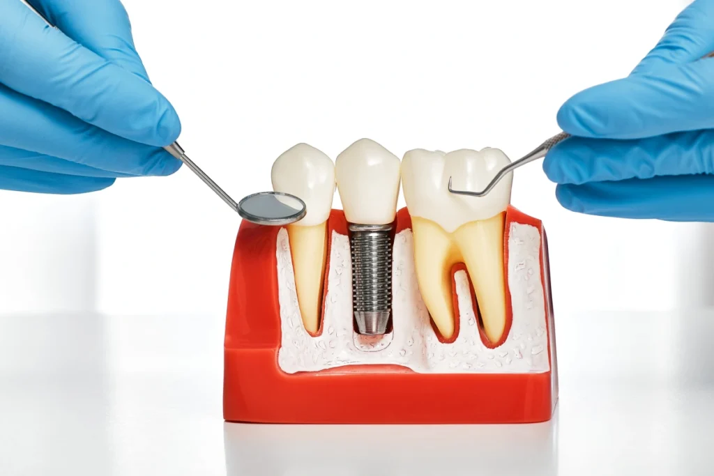 Dental implant cross-section showing titanium screw placement between natural teeth in gum tissue model.